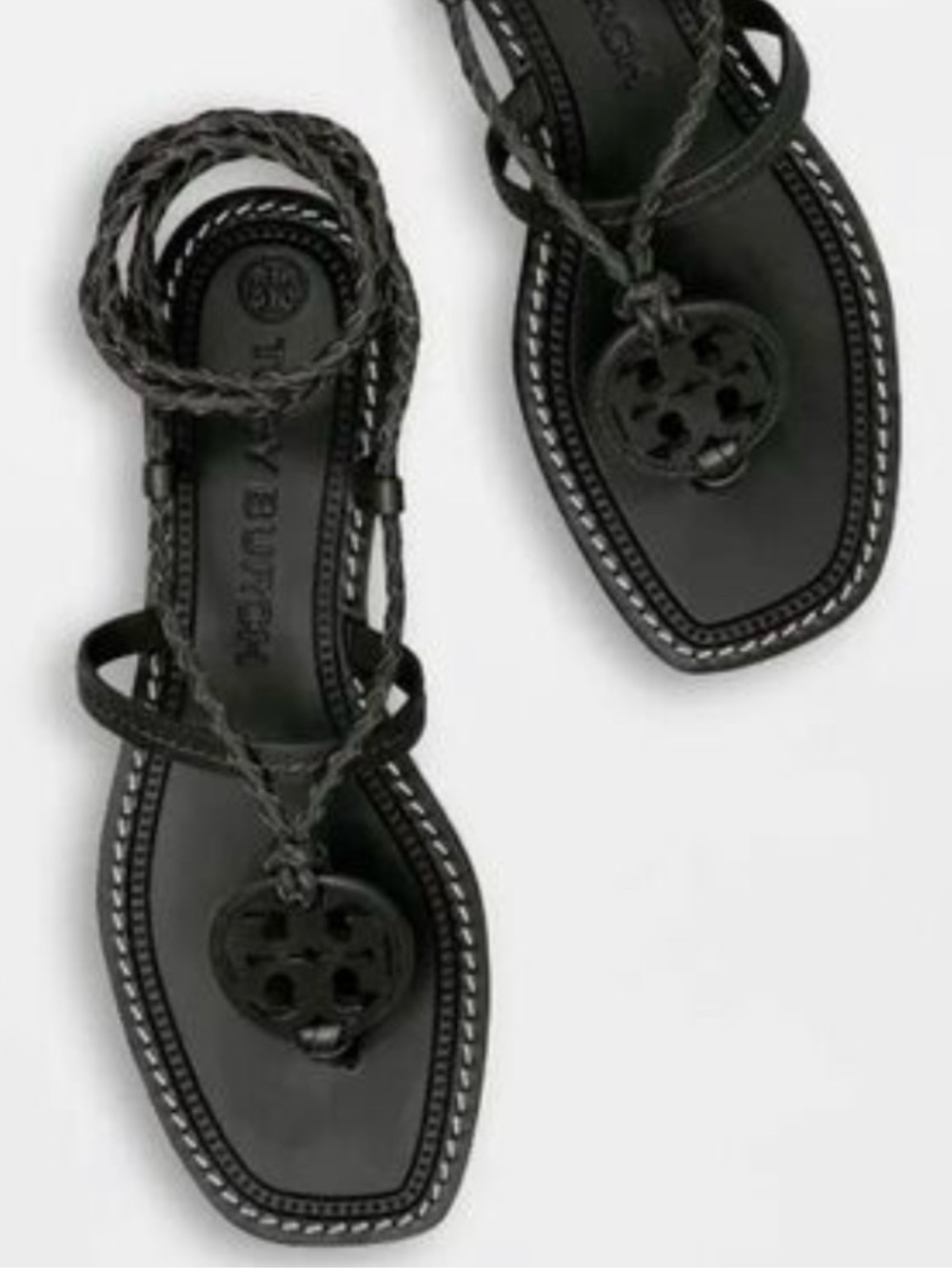 Tory Burch Black Braided Leather Logo Thong Sandals
